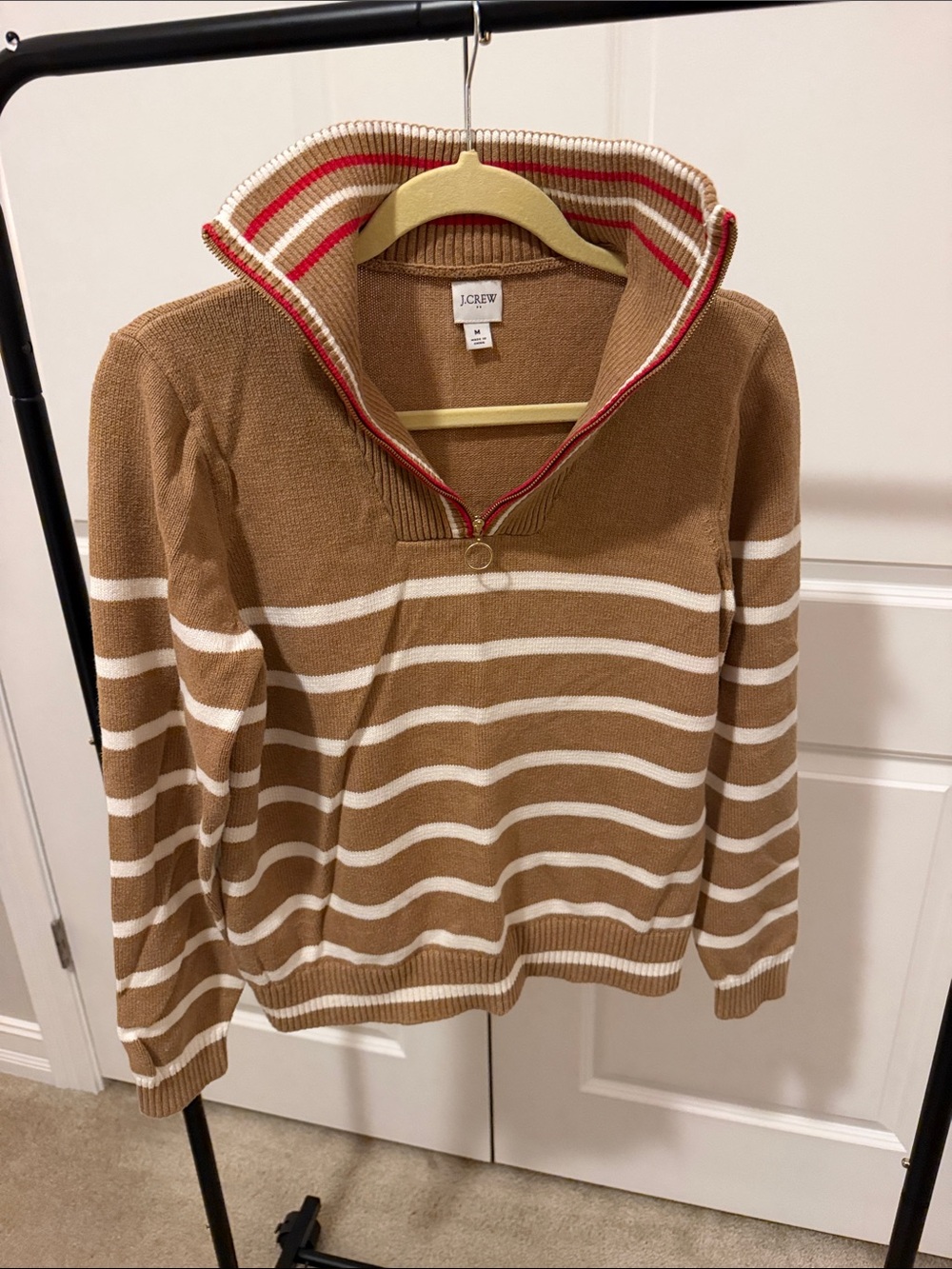 J. Crew Tan & White Striped Half-Zip Pullover with Red-Trim Collar